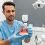 Dental professional examining titanium and zirconia dental implant models in a modern clinic
