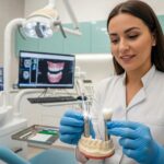 Dental professional examining titanium and zirconia dental implants in a modern clinic