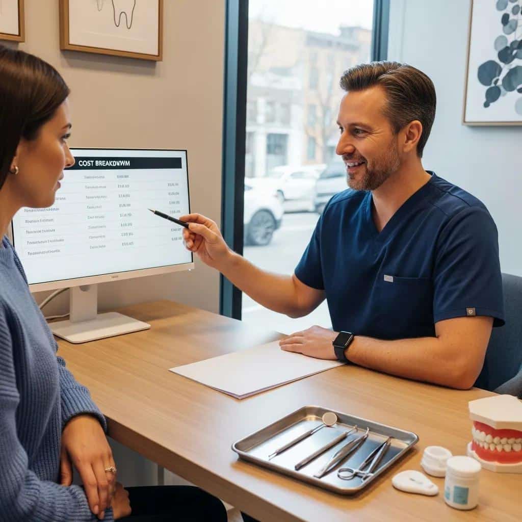 Dentist reviewing surgical plan and material options with a patient