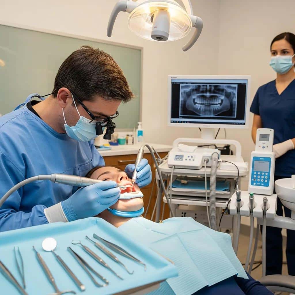Dental professional performing a dental implant procedure in a clinical setting