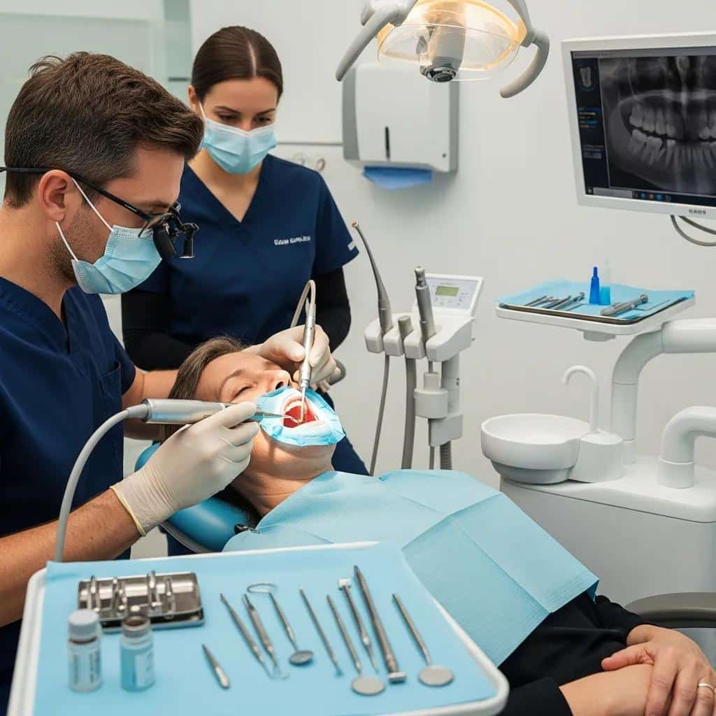 Dental professional performing a mini dental implant procedure in a clinical setting
