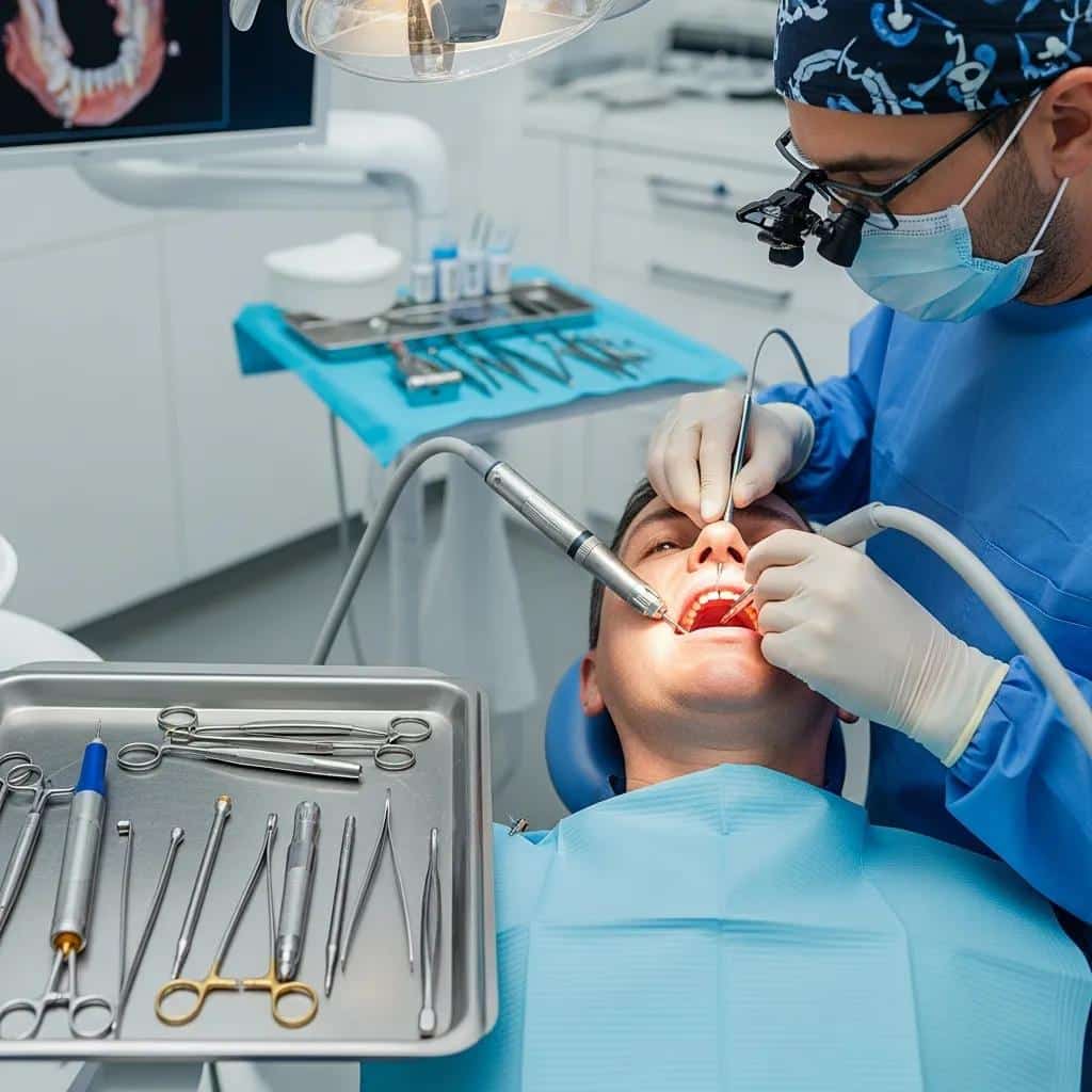 Dental professional performing a zygomatic implant procedure, showcasing the surgical environment and tools