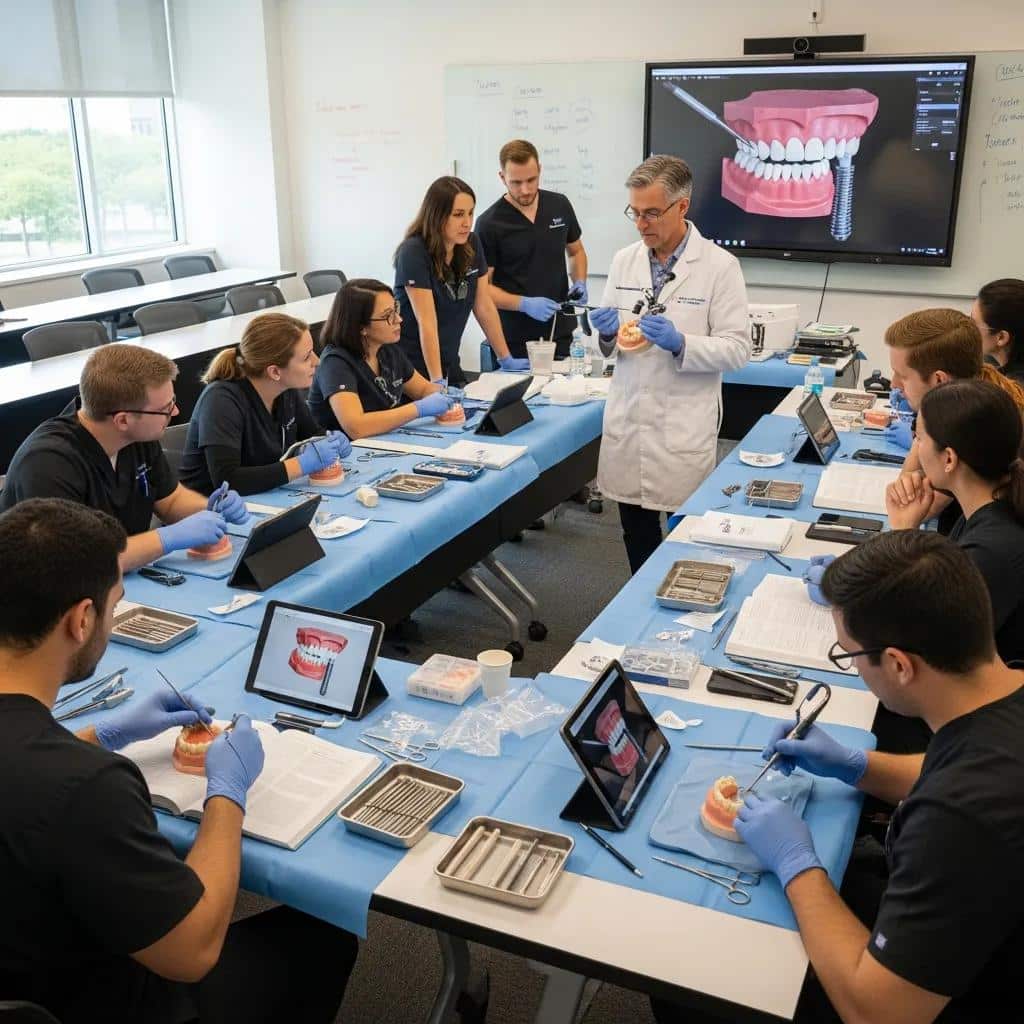 Dental professionals participating in an implant training workshop