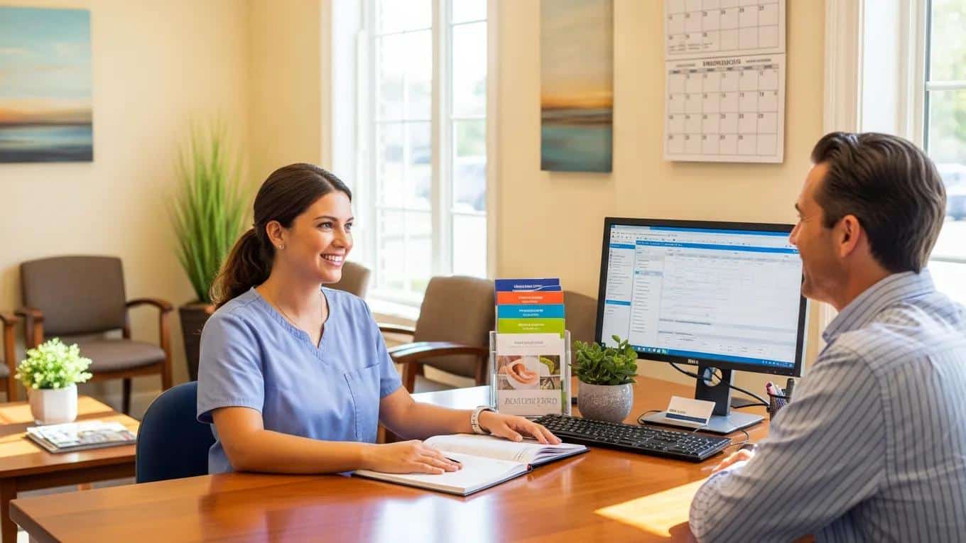 Dental receptionist assisting a patient in scheduling an appointment for affordable care