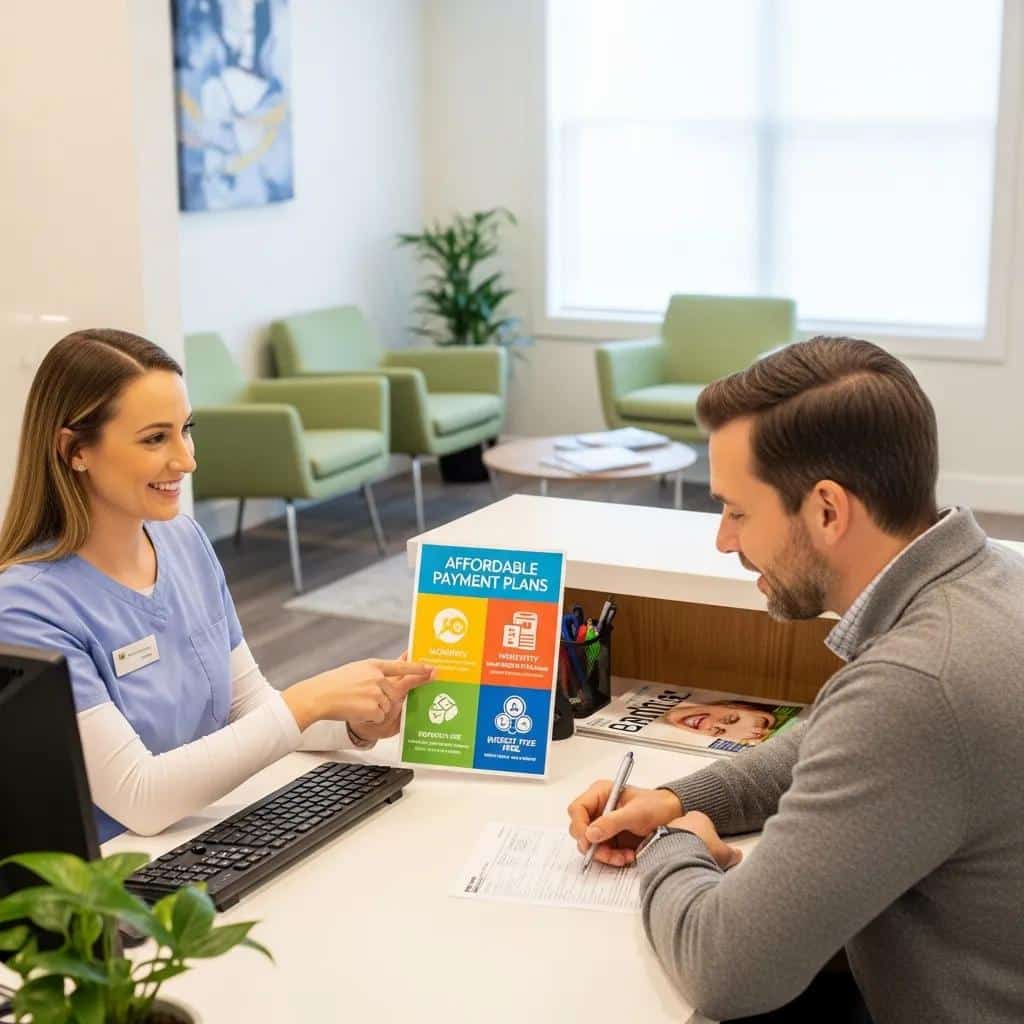 Dental staff explaining financing options to a patient in a friendly office