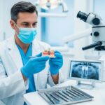 Dental surgeon examining an implant model in a modern clinic