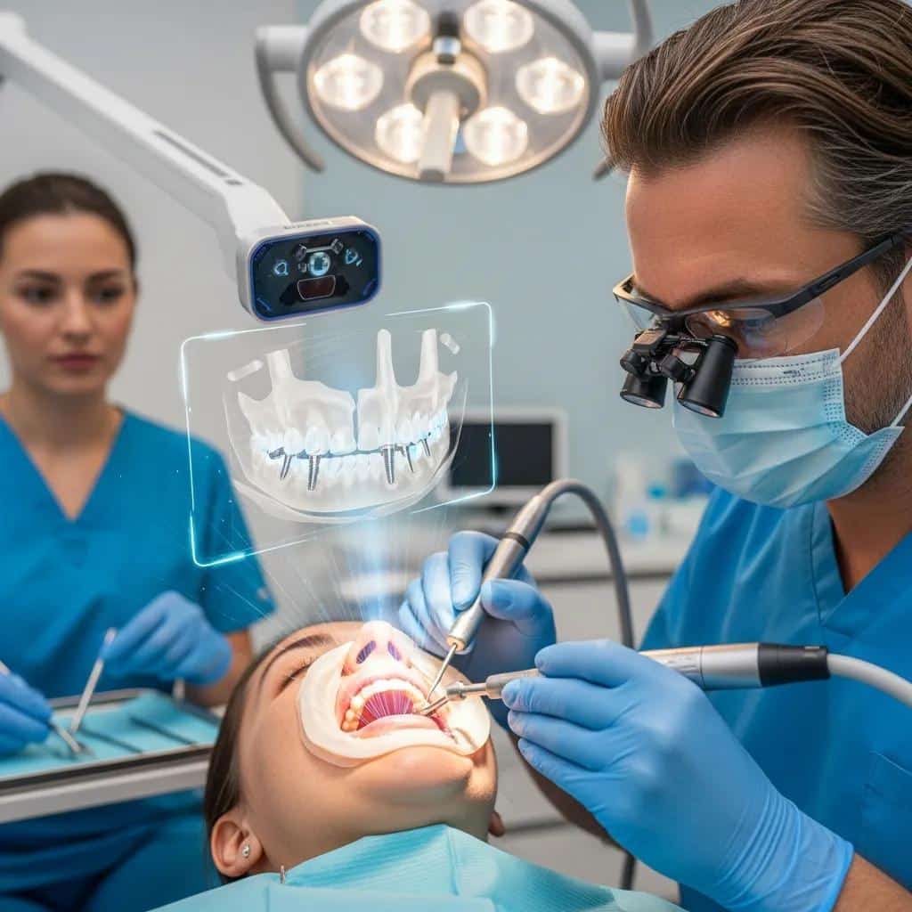 Dental surgeon performing an implant procedure with advanced technology