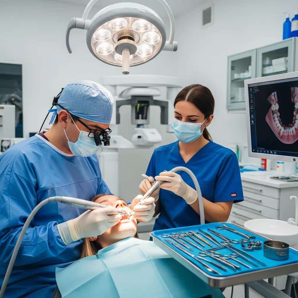 Dental surgeon performing an implant procedure with surgical tools in a modern clinic