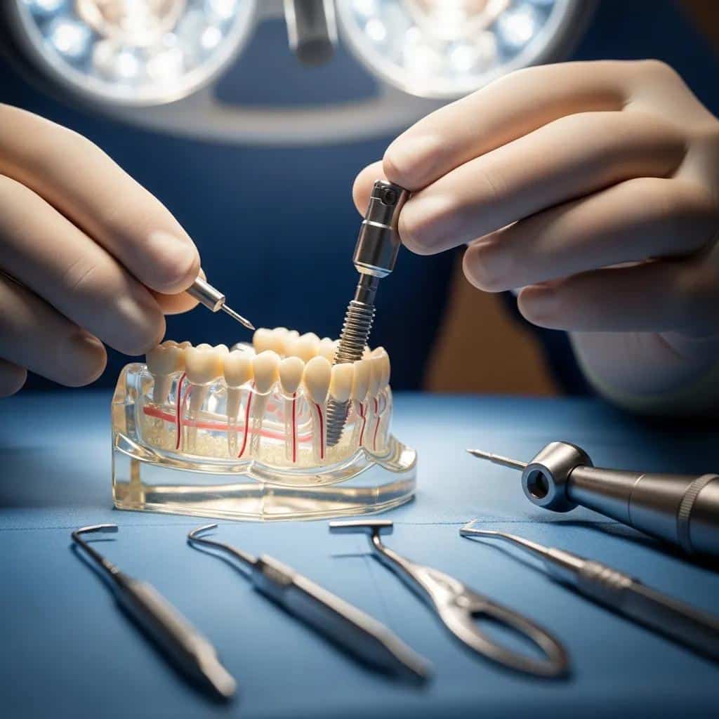 Dental surgeon placing a titanium post in a jawbone model during implant procedure