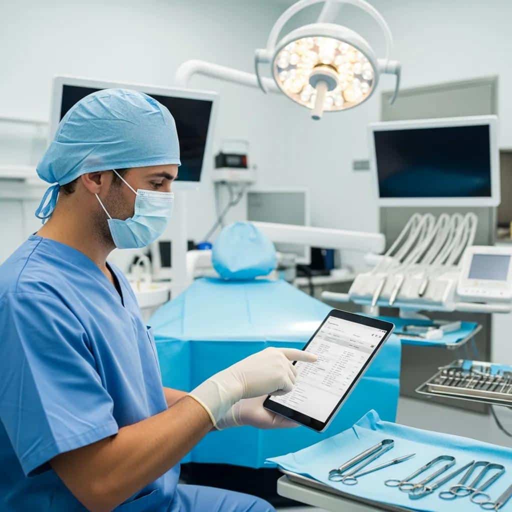 Dental surgeon reviewing patient records in a professional surgical environment