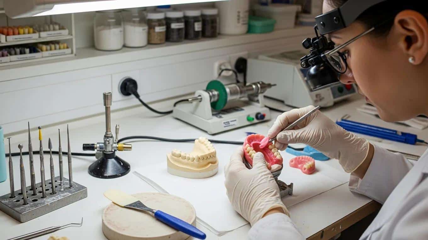Dental technician repairing dentures in a lab, illustrating the denture repair process and expertise