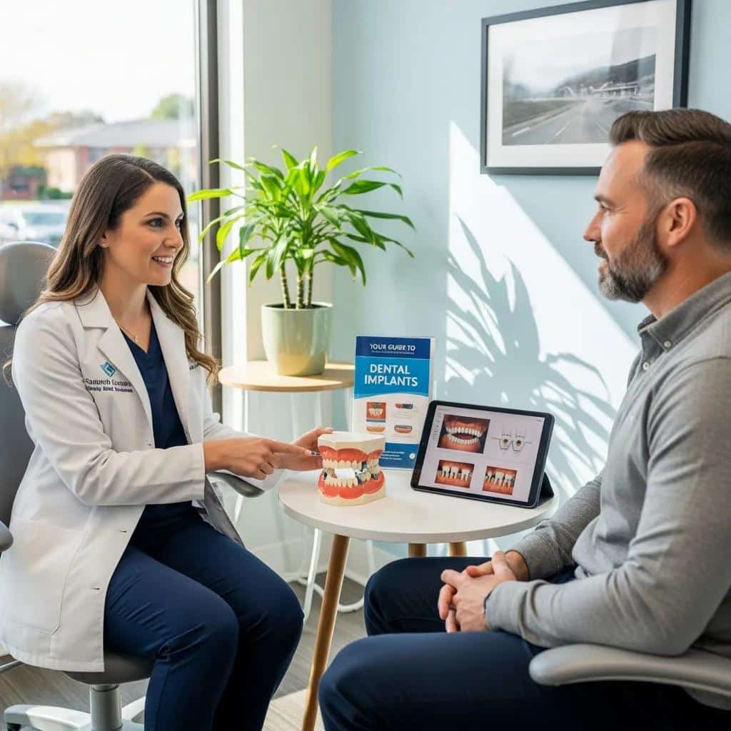 Dentist reviewing implant options with a patient in a warm, welcoming dental office