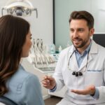 Dentist discussing dental implants and bridges with a patient in a modern dental office