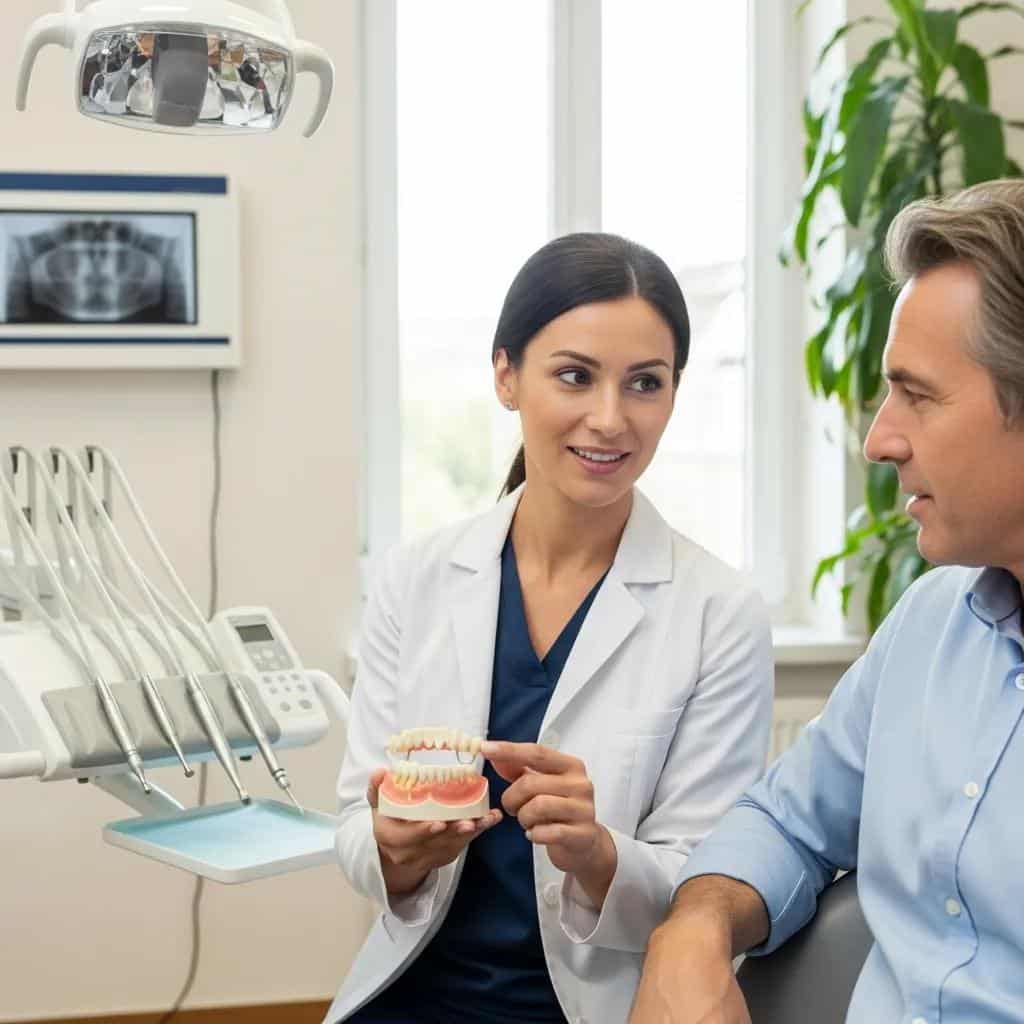 Dentist explaining the dental bridge procedure to a patient in a modern dental office