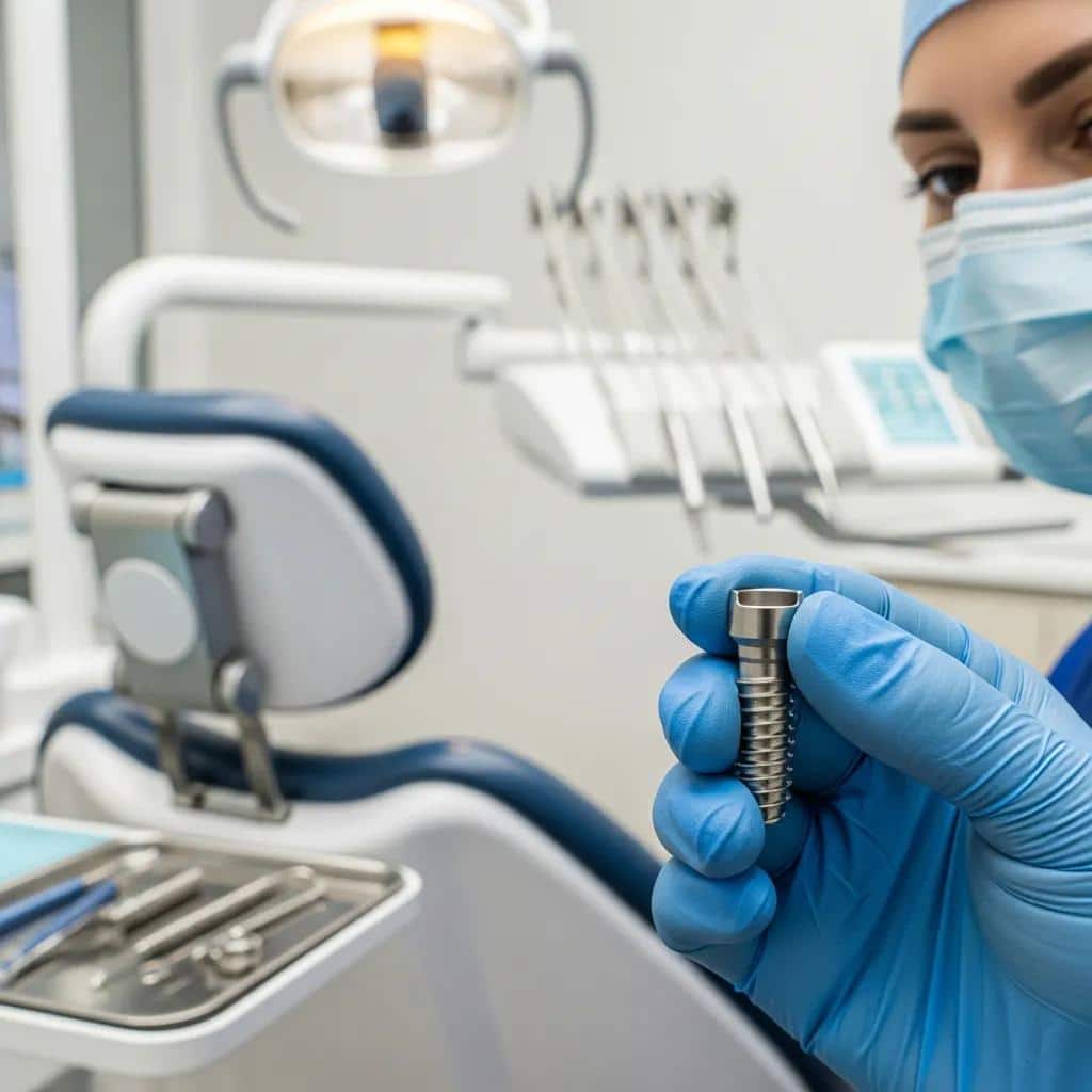 Dentist holding a titanium dental implant in a clinical environment
