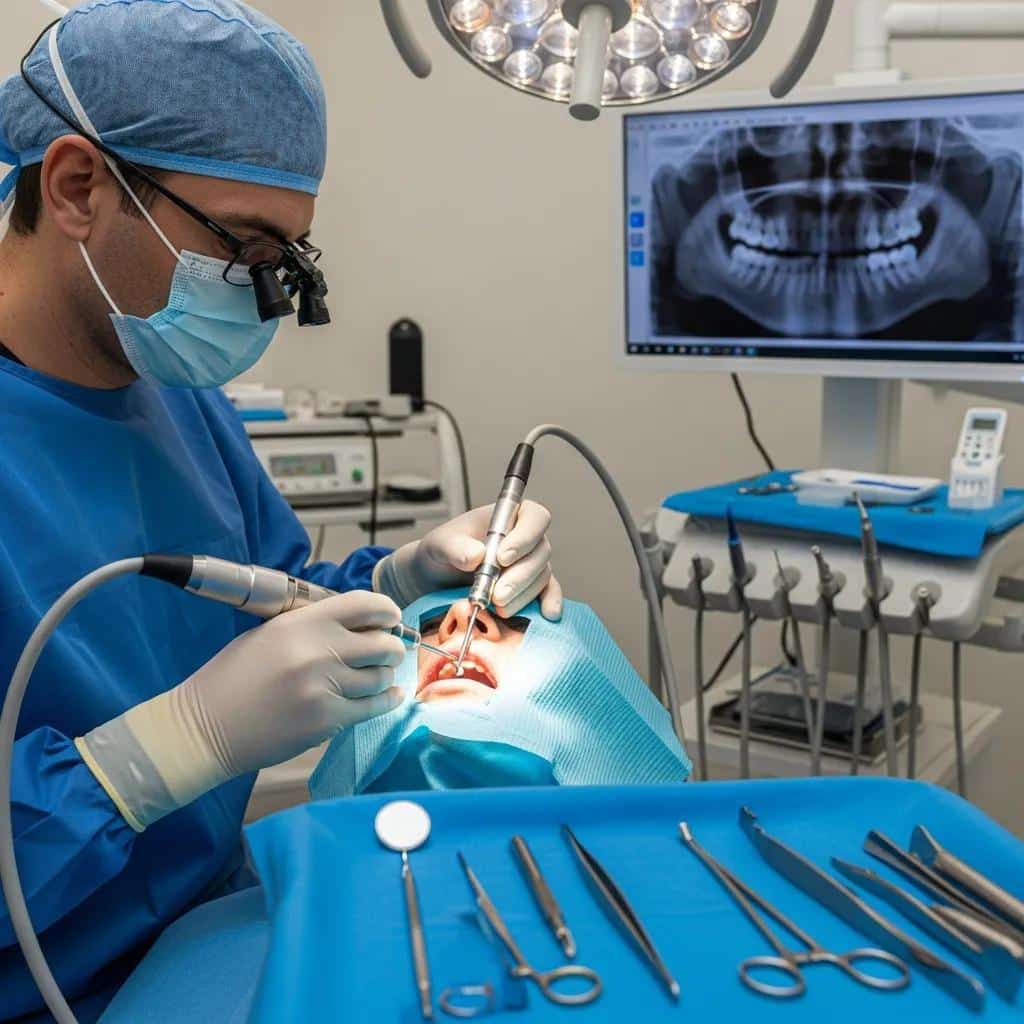 Dentist performing dental implant surgery in a modern clinic setting