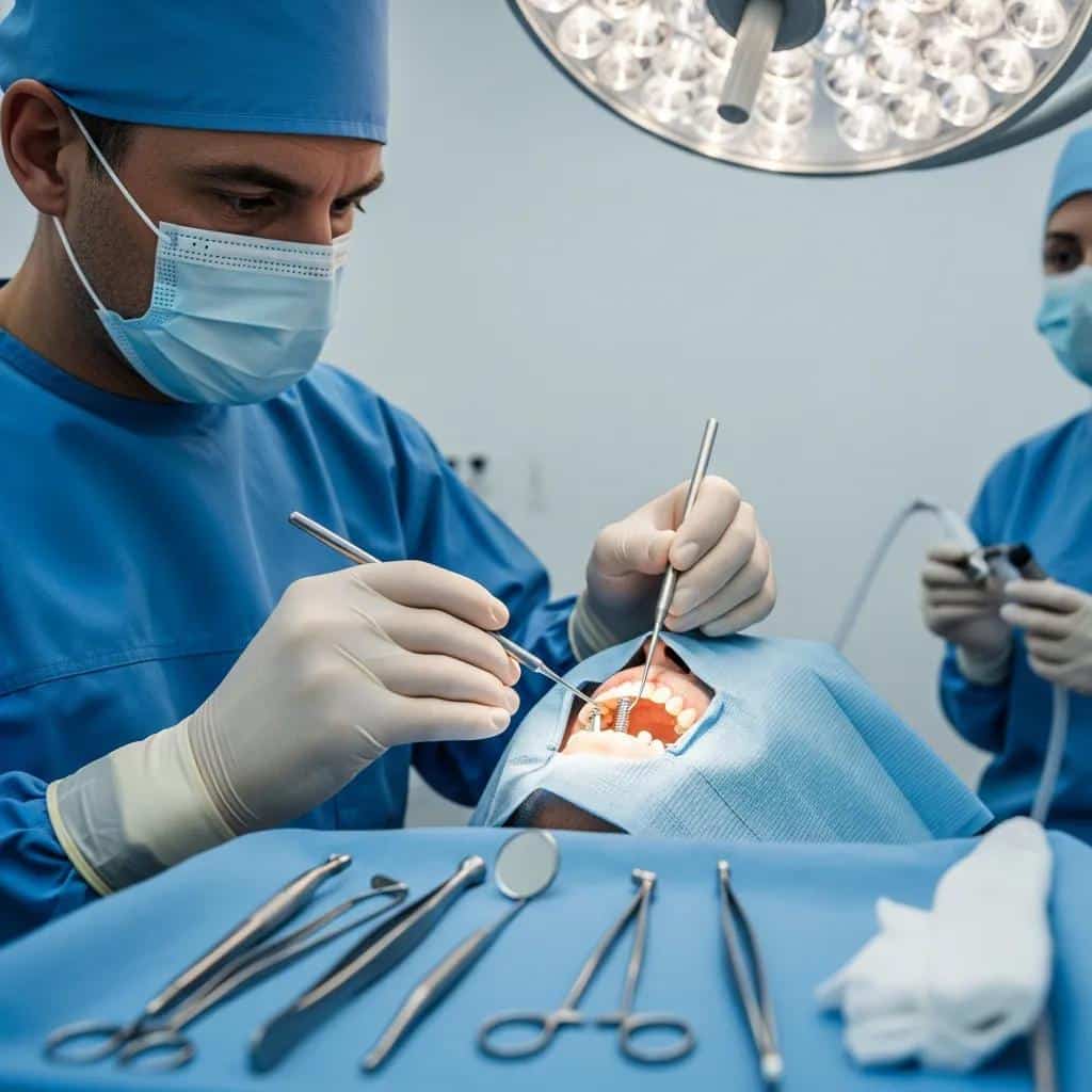 Clinician placing a dental implant into a patient's jaw during a dental procedure