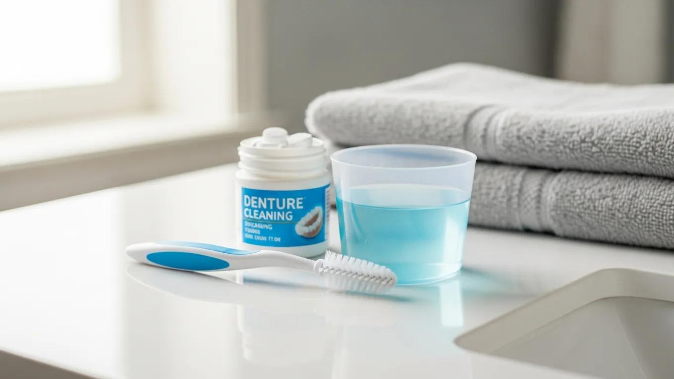 Denture care kit with cleaning supplies arranged on a bathroom counter, emphasizing hygiene and maintenance