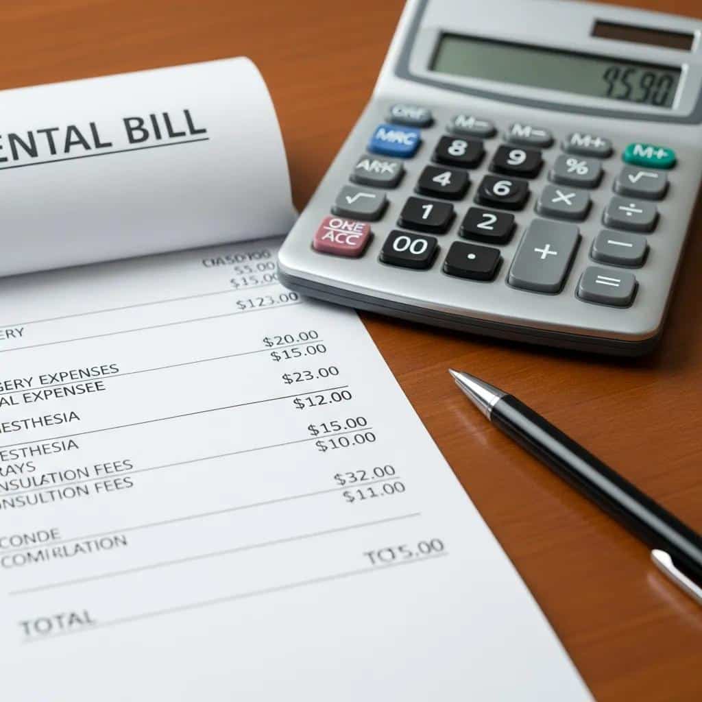 Close-up of a dental invoice showing itemized implant charges