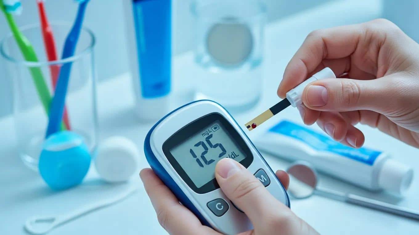 Diabetic patient monitoring blood sugar levels with dental care items in the background
