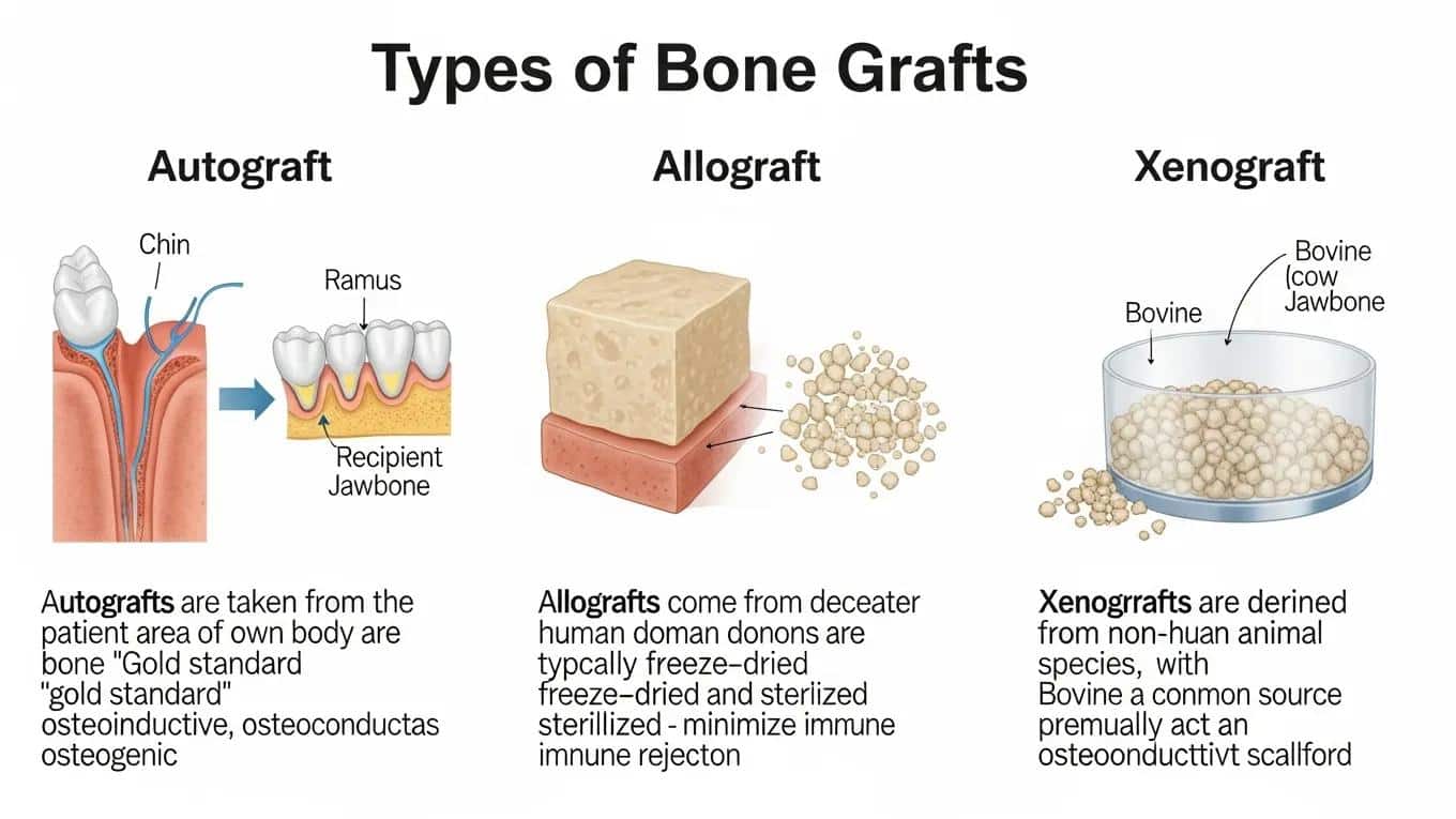 Different types of bone grafts used in dentistry: autografts, allografts, and xenografts