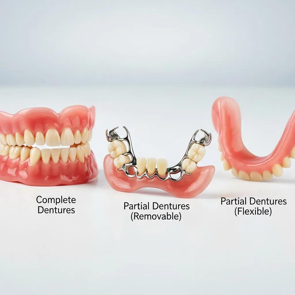 Different types of dentures displayed for comparison