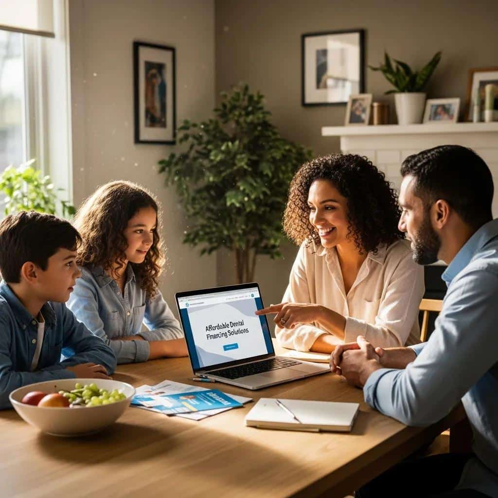 Family discussing dental financing options at home with a laptop