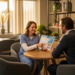 Friendly dental consultation about financing options for dental implants in a cozy office setting