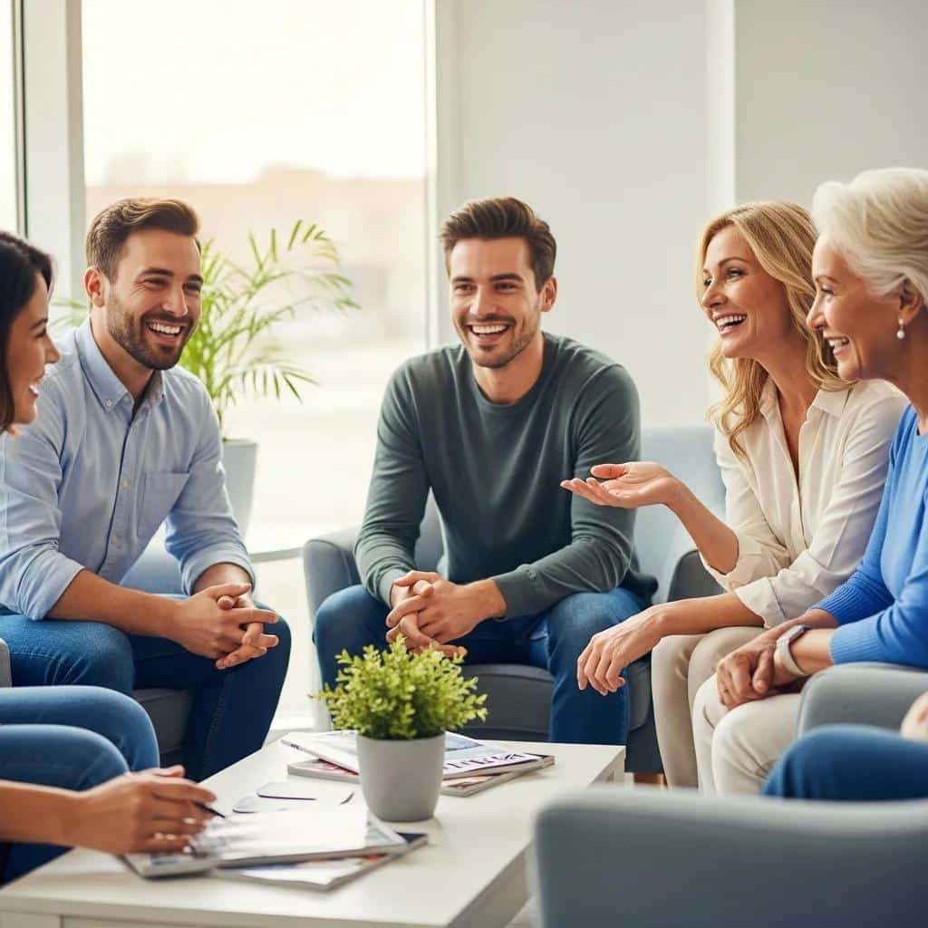 Group of diverse patients sharing positive experiences with dental implants in a dental clinic