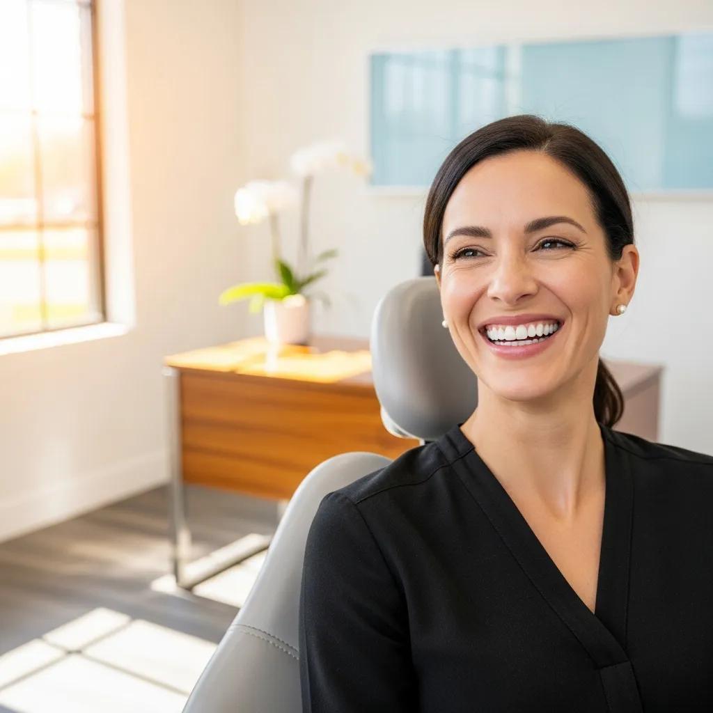 Happy patient smiling after receiving mini dental implants in a bright dental office
