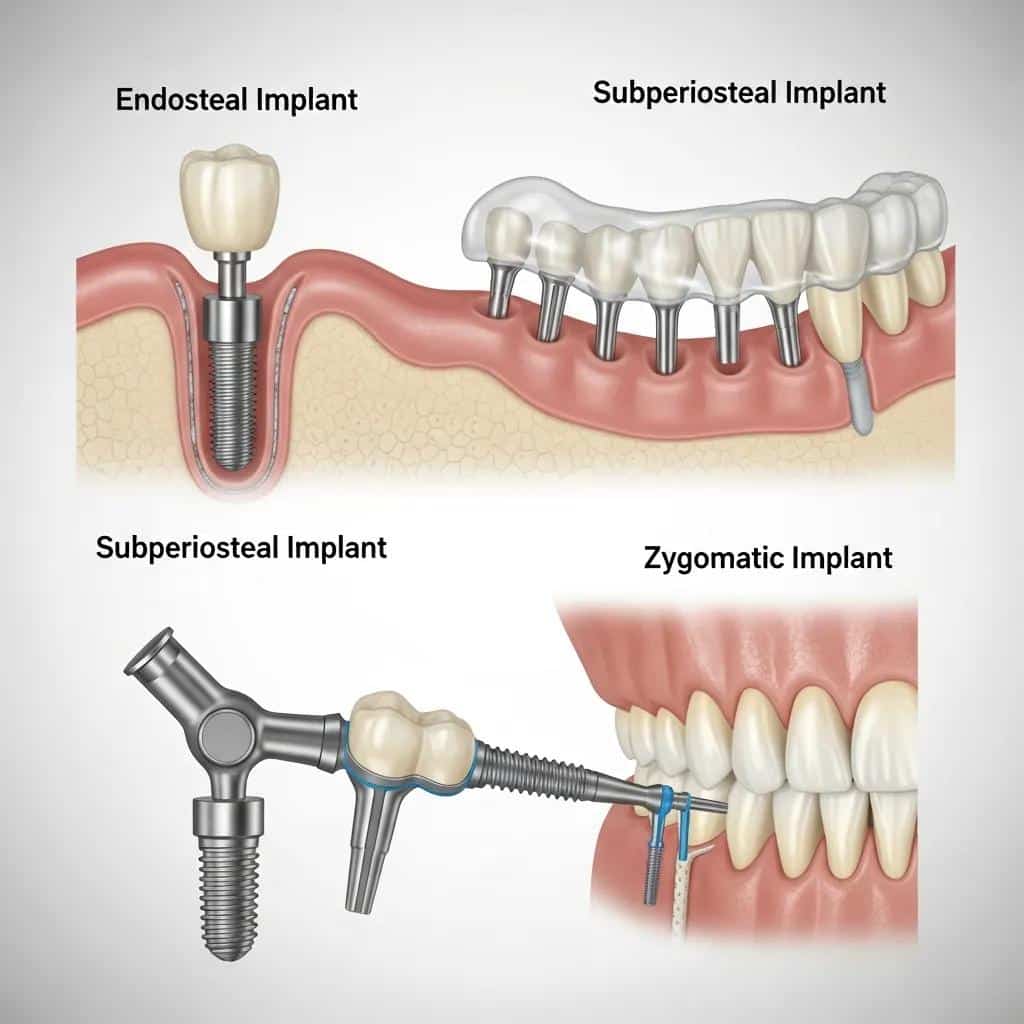 Illustration of endosteal, subperiosteal, and zygomatic dental implants highlighting their differences