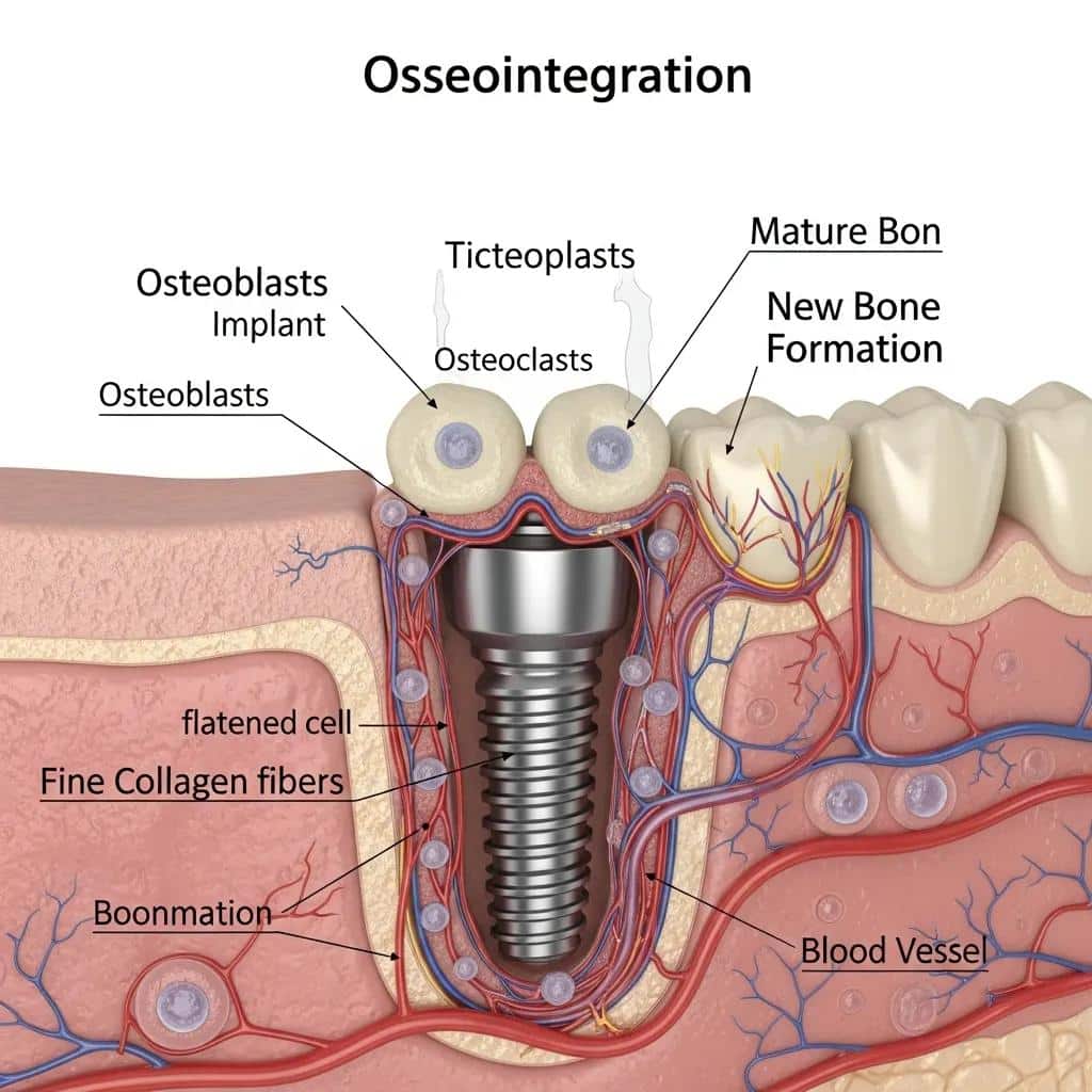 Illustration of osseointegration process with titanium dental implant and bone cells