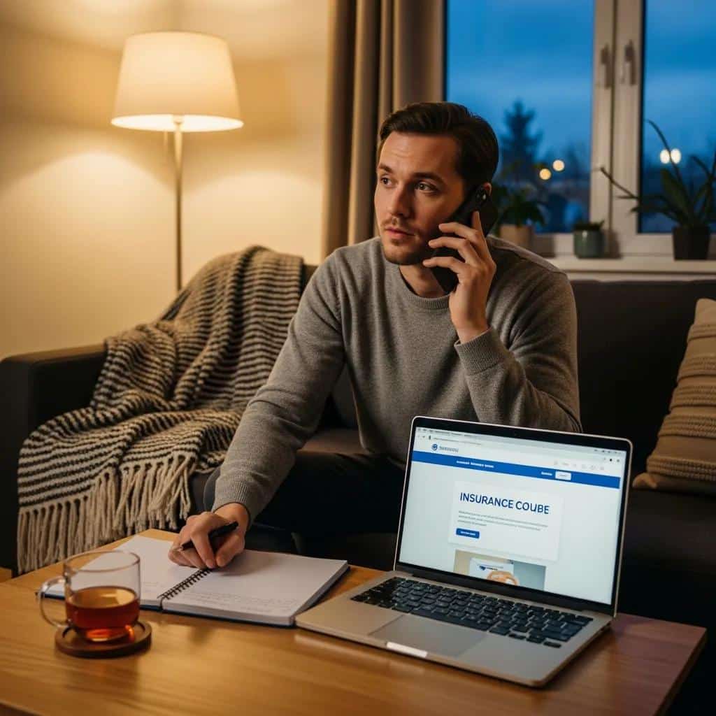 Individual discussing dental implant insurance coverage on the phone in a cozy living room