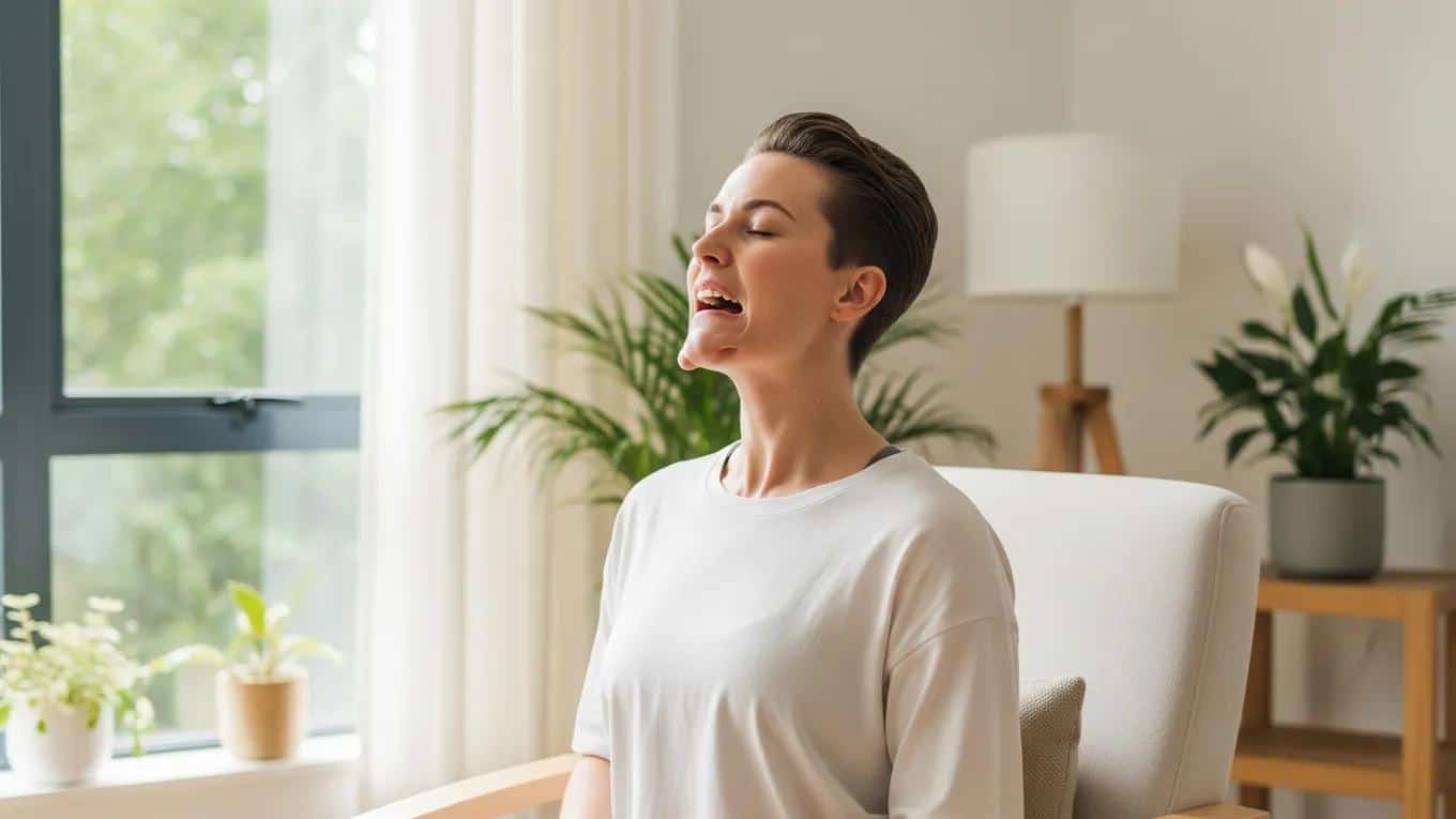 Individual performing jaw exercises in a bright room to relieve TMJ pain