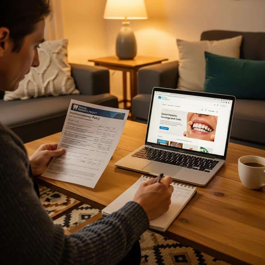 Individual reviewing dental insurance policy for implant coverage at home