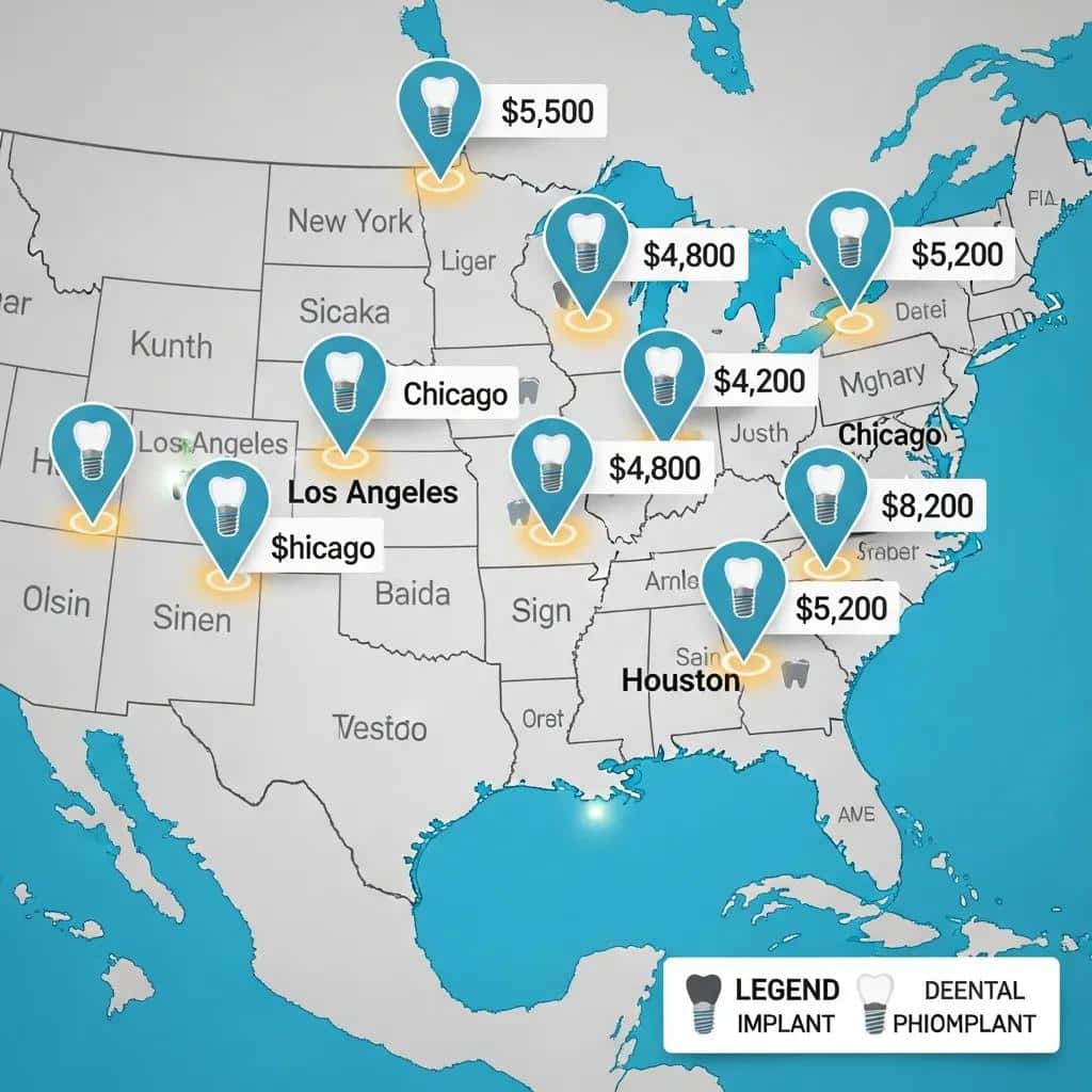 Map highlighting major cities with dental implant price variations