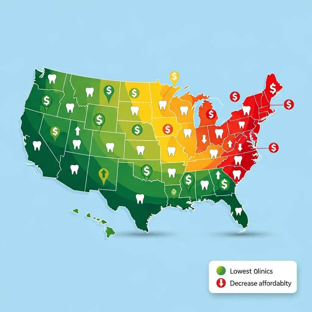 Map of the United States highlighting regions with varying dental implant costs, emphasizing pricing differences