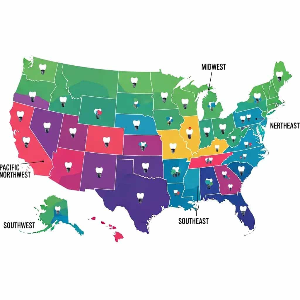 Map of the United States with dental implant icons showing price variations across different states