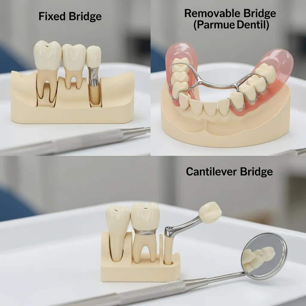 Models of fixed, removable, and cantilever dental bridges displayed in a dental office setting