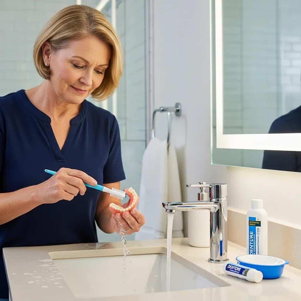 Patient cleaning dentures at a bathroom sink, emphasizing denture care and maintenance