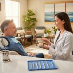 Patient consulting with dentist about dental implants and dentures in a welcoming dental clinic