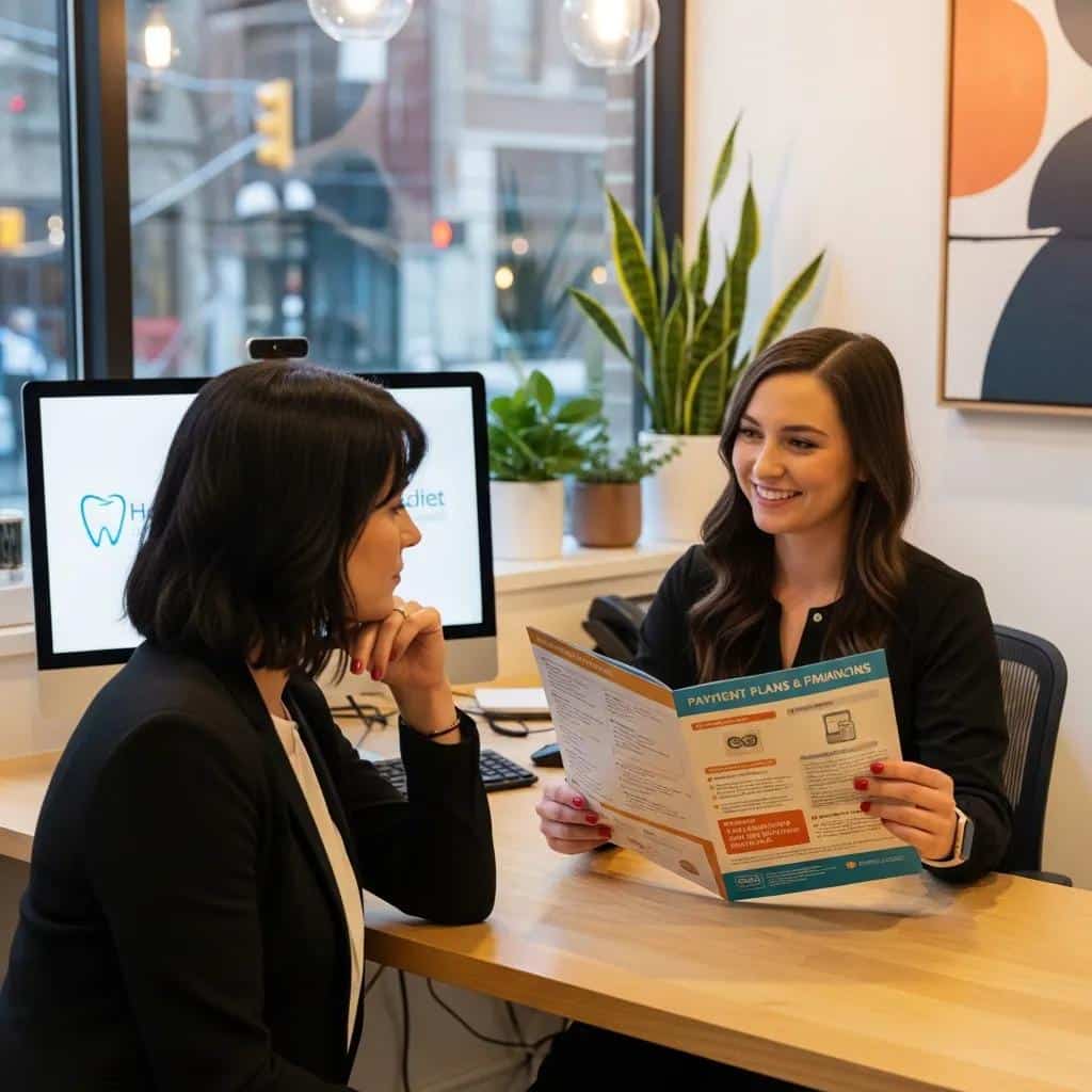 Patient discussing financing options for dental implants with dental office staff