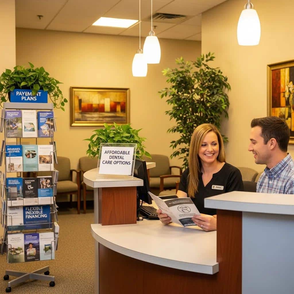 Patient discussing financing options with a staff member in a welcoming dental office reception area