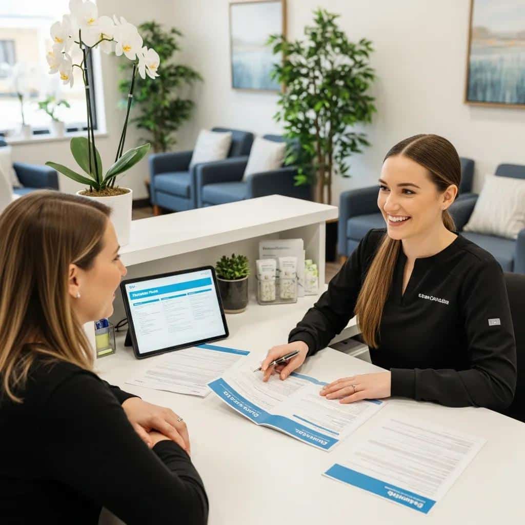 Patient discussing financing options with dental office staff in a welcoming reception area