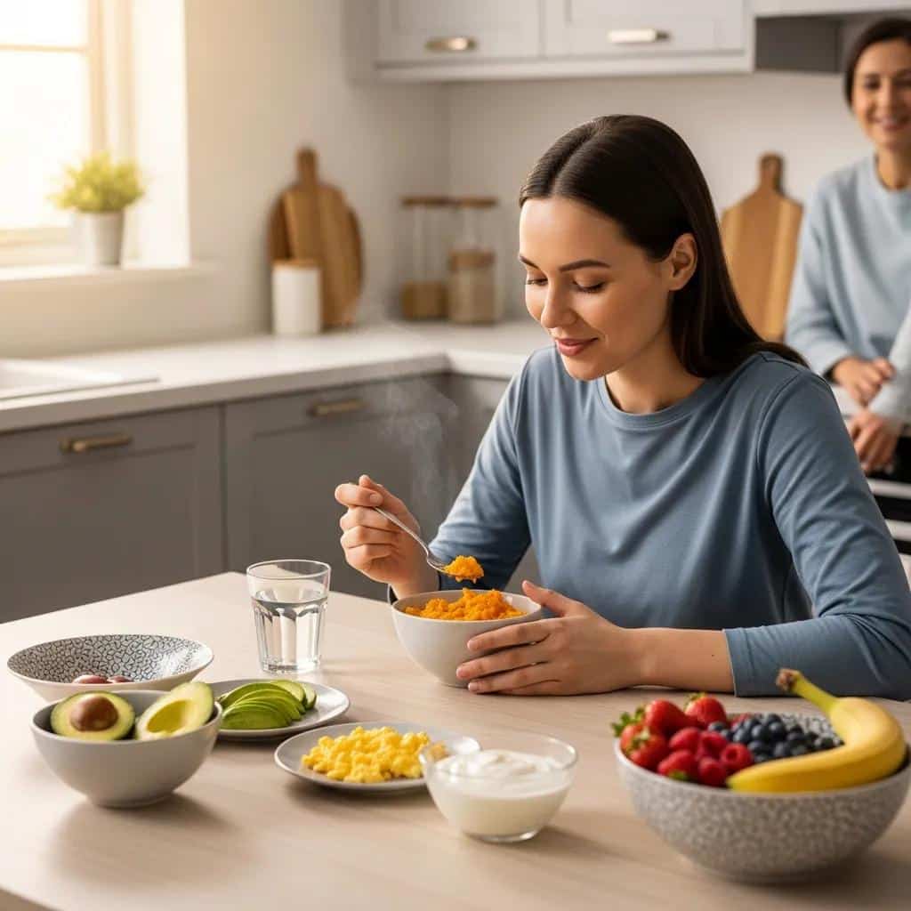 Patient enjoying a soft food meal in a serene kitchen after dental implant surgery