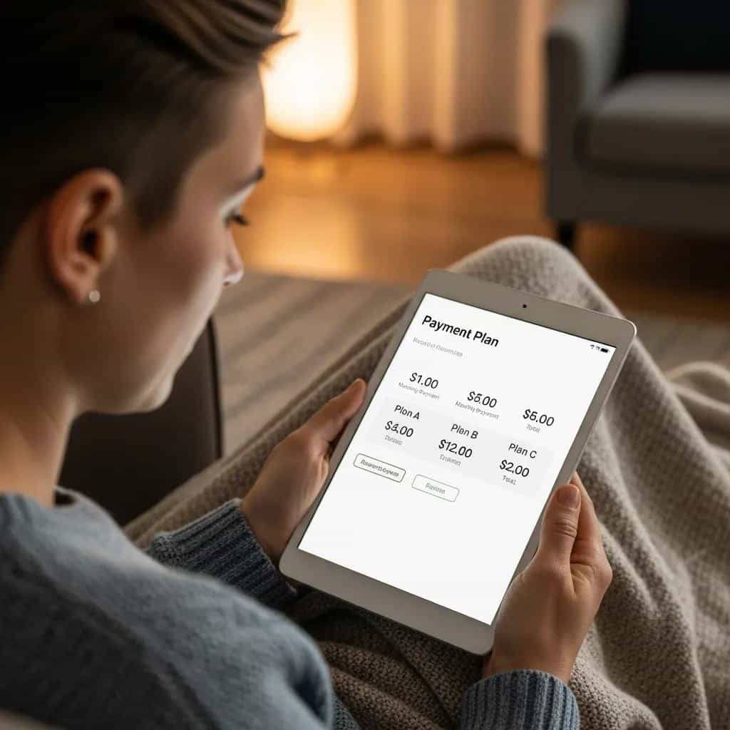 Patient exploring dental implant financing options on a tablet at home