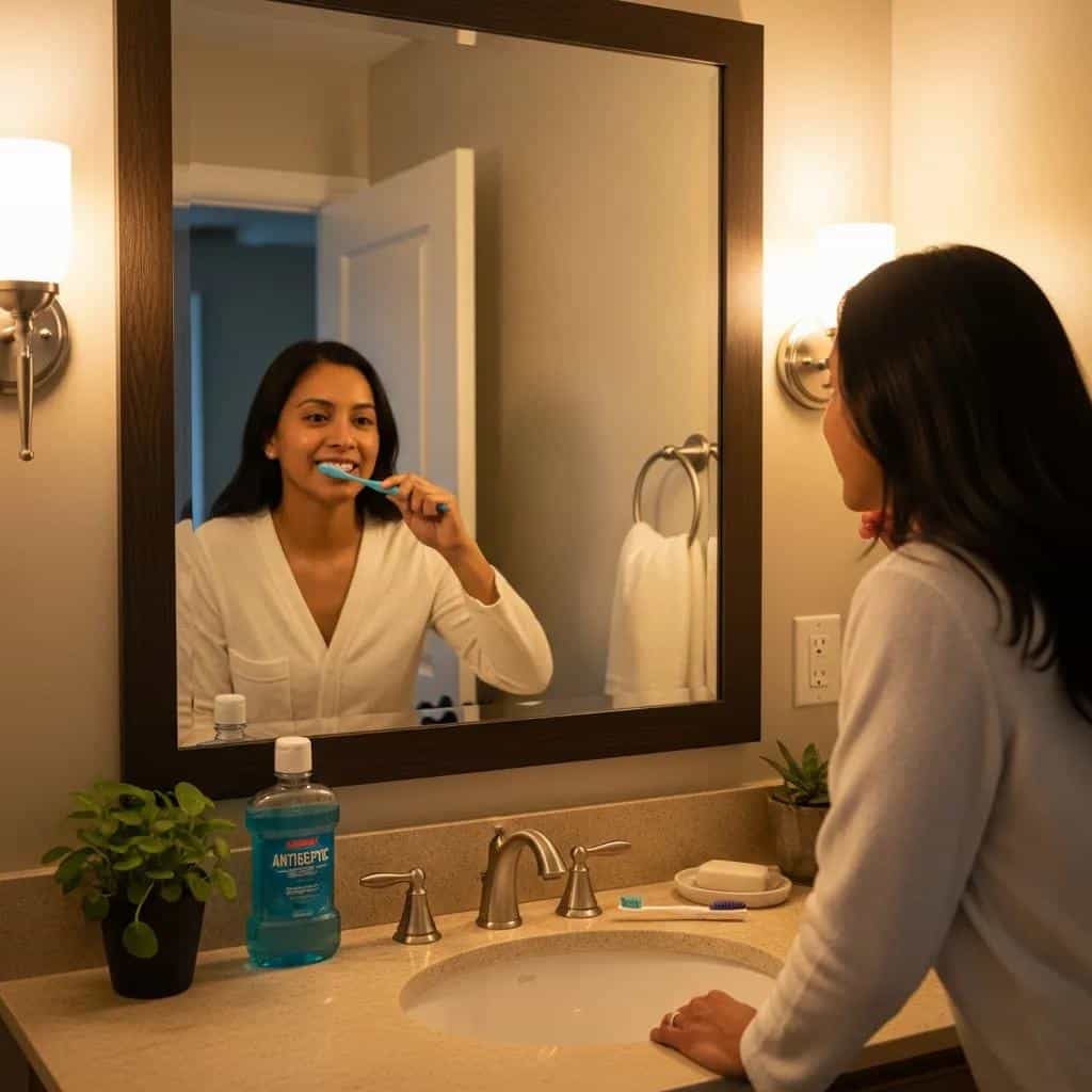 Patient practicing aftercare for dental implants at home in a cozy bathroom setting