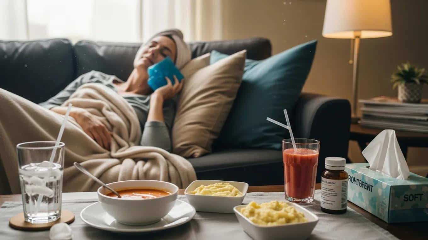 Patient recovering at home after dental implant surgery with recovery essentials