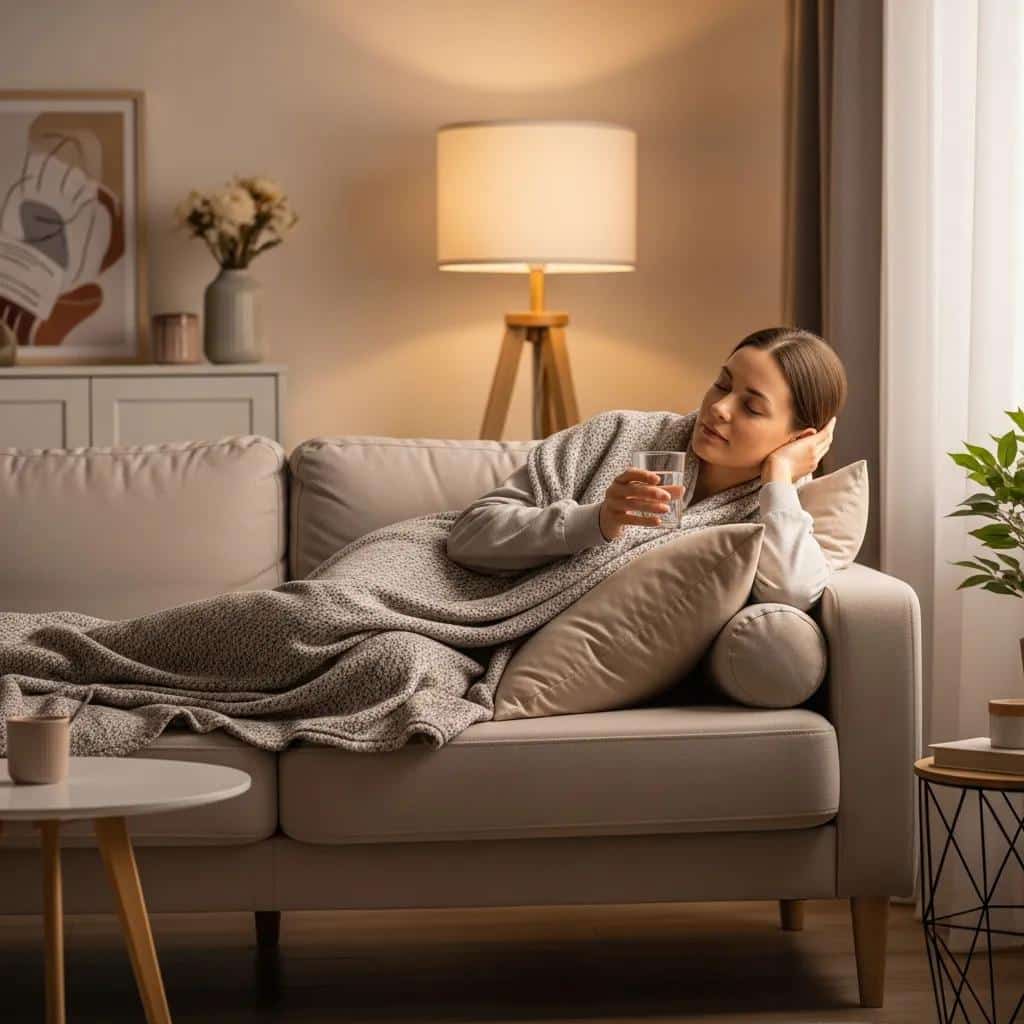 Patient resting at home after dental implant surgery, emphasizing recovery and comfort