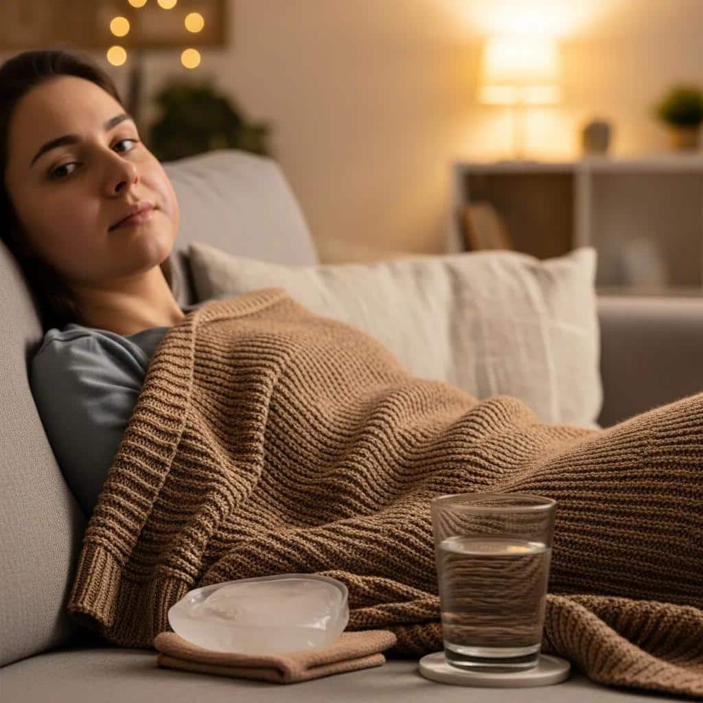 Patient resting at home after dental implant surgery, emphasizing recovery care